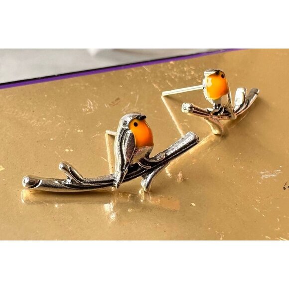 Robin Bird Earrings Ear Climbers New Orange Silver Tree Branch Loved One… - Picture 11 of 12